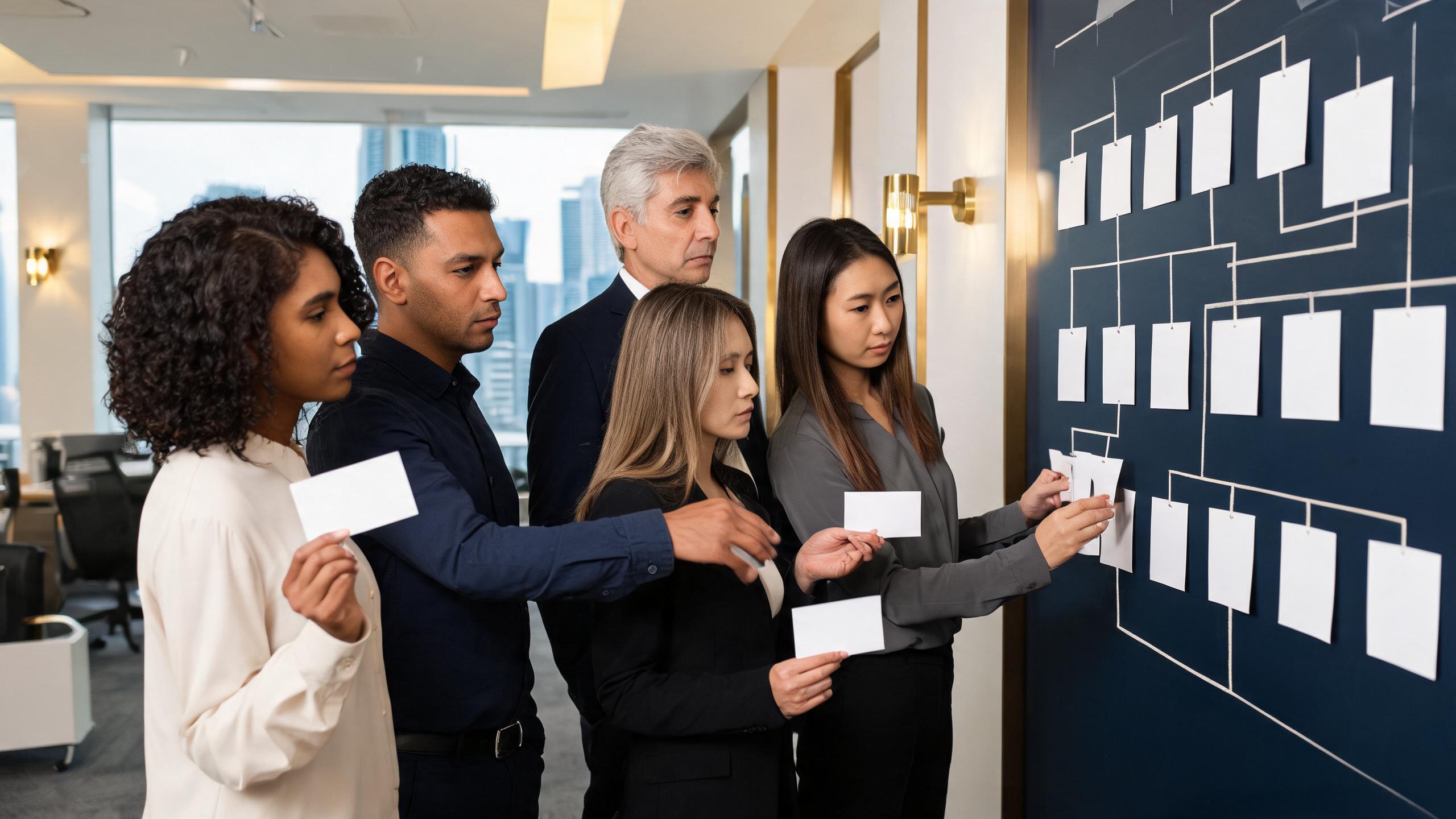 Lideranças organizam prioridades e responsabilidades em uma sessão de trabalho